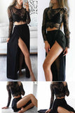 Black Long Sleeves Sexy Slit Two-piece Cheap A-line High Neck Lace Chiffon Prom Dresses JS868