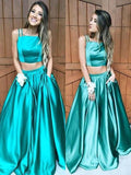 A-Line/Princess Sleeveless Square Floor-Length Ruffles Satin Two Piece Dresses TPP0002215