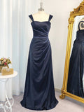 A-Line/Princess Straps Sleeveless Elastic Woven Satin Ruched Floor-Length Dresses