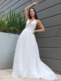 A-Line/Princess Lace Ruched V-neck Sleeveless Sweep/Brush Train Wedding Dresses TPP0006312