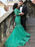 Trumpet/Mermaid V-neck Tulle Applique 3/4 Sleeves Sweep/Brush Train Plus Size Dresses TPP0002309