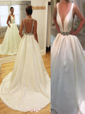 A-Line/Princess Court Train Satin V-neck Sleeveless Wedding Dresses TPP0006163