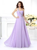 A-Line/Princess One-Shoulder Beading Sleeveless Long Chiffon Dresses TPP0004189