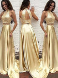 A-Line/Princess High Neck Sleeveless Satin Sweep/Brush Train Beading Two Piece Dresses TPP0002053