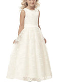 A-line/Princess Scoop Sleeveless Applique Tulle Floor-Length Flower Girl Dresses TPP0007740