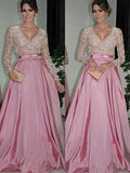 A-Line/Princess Long Sleeves V-neck Floor-Length Lace Satin Dresses TPP0002757