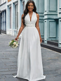 A-Line/Princess Chiffon Halter Ruched Sleeveless Floor-Length Wedding Dresses TPP0006674