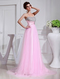 A-Line/Princess Beading Sleeveless Elastic Woven Satin Tulle Dresses TPP0009204