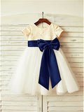 A-line/Princess Scoop Short Sleeves Bowknot Tea-Length Tulle Flower Girl Dresses TPP0007878