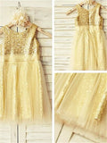 A-line/Princess Scoop Sleeveless Ruffles Tea-Length Sequins Flower Girl Dresses TPP0007837