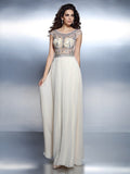 A-Line/Princess Bateau Beading Short Sleeves Long Chiffon Dresses TPP0004044