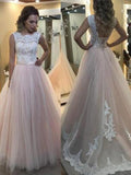 A-Line/Princess Bateau Sleeveless Sweep/Brush Train Lace Tulle Dresses TPP0003433