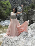 A-Line/Princess Bateau Chiffon Sequin Floor-Length Sleeveless Dresses TPP0004848