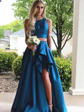 A-Line/Princess Sleeveless Scoop Sweep/Brush Train Ruffles Satin Two Piece Dresses TPP0002863