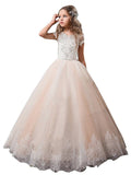 Ball Gown V-neck Short Sleeves Lace Floor-Length Tulle Flower Girl Dresses TPP0007596