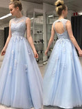 A-Line/Princess Sleeveless Sheer Neck Floor-Length Applique Tulle Dresses TPP0003440