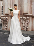 A-Line/Princess Satin Sleeveless Scoop Ruffles Sweep/Brush Train Wedding Dresses TPP0006672