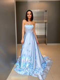 A-Line/Princess Satin Hand-Made Flower Strapless Sleeveless Sweep/Brush Train Dresses TPP0001585