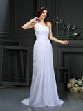 A-Line/Princess One-Shoulder Pleats Sleeveless Long Chiffon Wedding Dresses TPP0006875