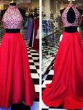 A-Line/Princess Sleeveless Halter Beading Satin Sweep/Brush Train Two Piece Dresses TPP0002442