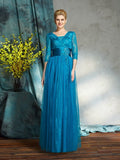 A-Line/Princess V-neck Applique 3/4 Sleeves Long Net Mother of the Bride Dresses TPP0007436