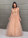 A-Line/Princess Applique Tulle Sleeveless Floor-Length Off-the-Shoulder Dresses TPP0009077