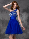 A-line/Princess One-Shoulder Lace Sleeveless Short Satin Dresses TPP0008391