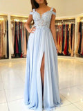 A-Line/Princess Sleeveless Off-the-Shoulder Floor-Length Applique Chiffon Dresses TPP0001578