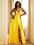 A-Line/Princess Silk like Satin Ruched V-neck Sleeveless Sweep/Brush Train Dresses TPP0001614