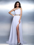 A-Line/Princess One-Shoulder Beading Sleeveless Long Chiffon Dresses