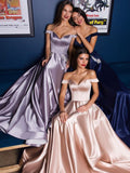 A-Line/Princess Satin Off-the-Shoulder Ruffles Sleeveless Sweep/Brush Train Dresses TPP0003423