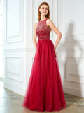 A-Line/Princess Scoop Sleeveless Floor-Length Beading Tulle Dresses TPP0002908