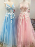 A-Line/Princess Floor-Length V-neck Applique Sleeveless Tulle Dresses TPP0001837