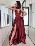 A-Line/Princess Ruffles V-neck Satin Sweep/Brush Train Sleeveless Dresses TPP0001457