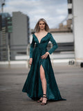 A-Line/Princess Long Sleeves Ruffles Satin Chiffon V-neck Floor-Length Dresses TPP0009083