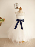 A-Line/Princess Tulle Sash/Ribbon/Belt Scoop Sleeveless Tea-Length Flower Girl Dresses TPP0007803