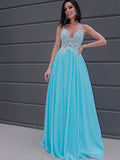 A-Line/Princess Chiffon Applique Sleeveless V-neck Sweep/Brush Train Dresses TPP0003686