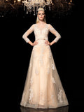 A-Line/Princess Sheer Neck Applique Long Sleeves Long Satin Dresses TPP0006599