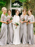 A-Line/Princess Scoop 1/2 Sleeves Floor-Length Satin Bridesmaid Dresses TPP0005612