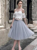 A-Line/Princess Lace Sweetheart Tulle Sleeveless Tea-Length Two Piece Dresses TPP0008931