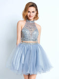 A-Line/Princess High Neck Sleeveless Beading Short/Mini Net Two Piece Dresses TPP0008477