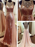 A-Line/Princess Beading Sequins Scoop Sleeveless Sweep/Brush Train Dresses