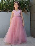 A-Line/Princess Tulle Bowknot V-neck Sleeveless Floor-Length Flower Girl Dresses TPP0007496