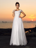 A-Line/Princess Off-the-Shoulder Beading Short Sleeves Long Tulle Beach Wedding Dresses TPP0006636