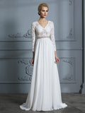 A-Line/Princess 3/4 Sleeves V-neck Lace Sweep/Brush Train Chiffon Wedding Dresses TPP0006390