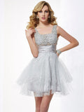 A-Line/Princess Straps Sleeveless Beading Short Elastic Woven Satin Homecoming Dresses TPP0008435