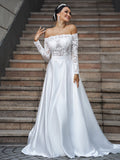 A-Line/Princess Satin Lace Off-the-Shoulder Long Sleeves Sweep/Brush Train Wedding Dresses TPP0006508