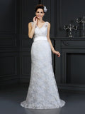 Trumpet/Mermaid Sweetheart Applique Sleeveless Long Lace Wedding Dresses TPP0006743