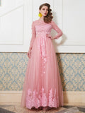 A-Line/Princess Scoop 3/4 Sleeves Floor-Length Applique Tulle Dresses TPP0003216