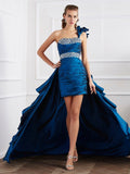 A-Line/Princess One-Shoulder Sleeveless Beading High Low Taffeta Dresses TPP0003305